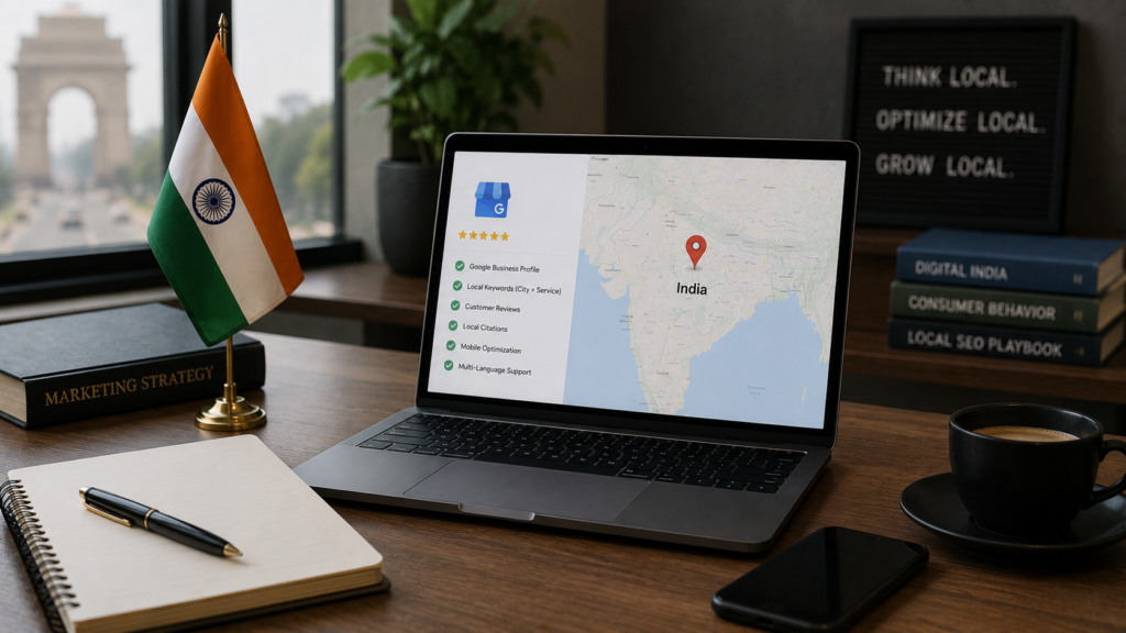 Indian business owner analyzing local SEO strategy on a laptop displaying a map of India, local search rankings, business profile optimization, multilingual targeting, customer reviews, and mobile-first search insights, with Indian business elements and a professional workspace highlighting unique local SEO considerations for businesses across India.