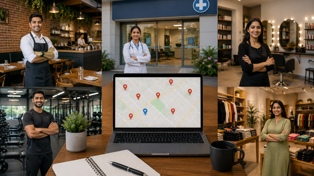 Professional collage showcasing local SEO services for small businesses across multiple industries, including restaurants, healthcare clinics, fitness centers, salons, and retail stores. A central laptop displays local search maps, business listings, and location-based marketing analytics, illustrating how local SEO helps different businesses improve online visibility and attract nearby customers.