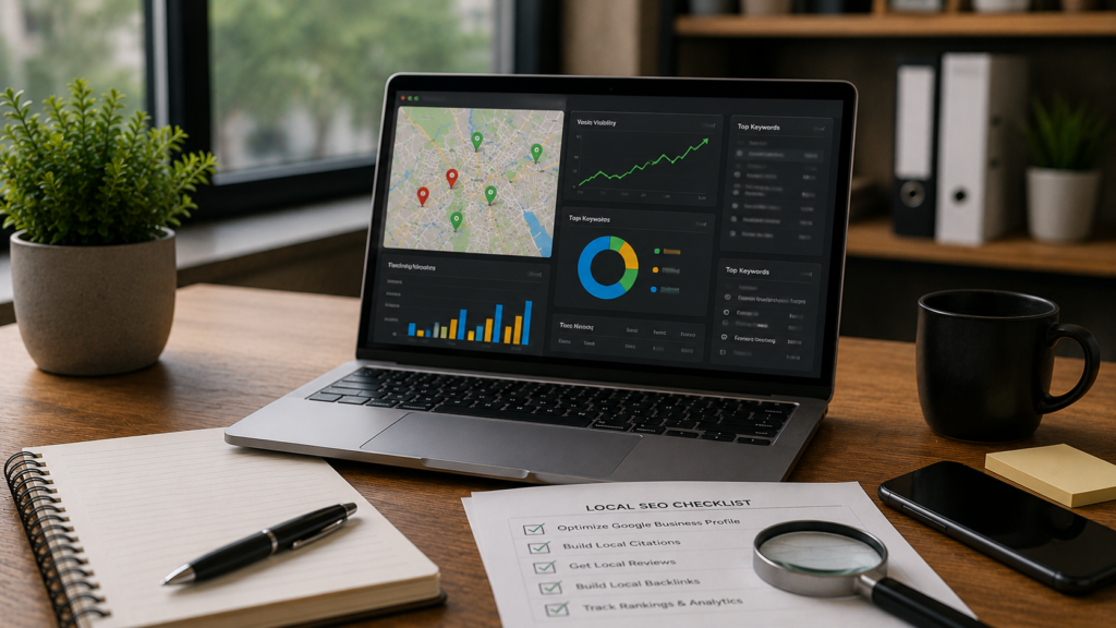 Professional local SEO management workspace featuring a laptop displaying local search analytics, map rankings, keyword performance metrics, citation tracking, and business visibility reports. The realistic office environment includes a local SEO checklist, smartphone, notebook, and business optimization tools used for ongoing local SEO monitoring, maintenance, and performance improvement.