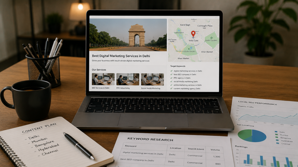 Professional local SEO workspace featuring a laptop displaying location-based content optimization, regional keyword targeting, local search rankings, and geographic SEO performance metrics. The realistic office setting includes content planning notes, keyword research reports, city-specific targeting strategies, and analytics dashboards designed to improve local search visibility across multiple locations in India.