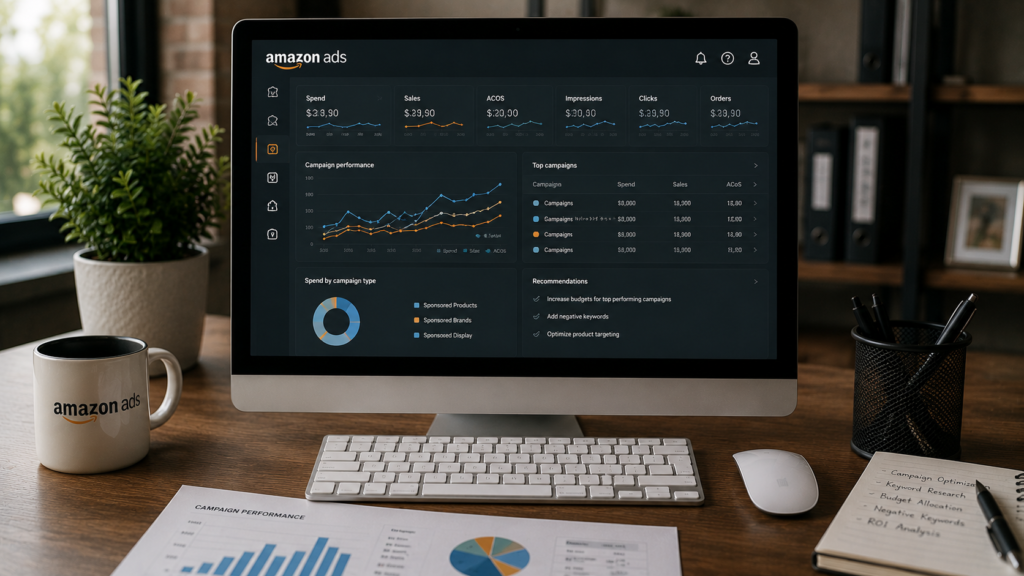 Professional Amazon advertising account management dashboard displayed in a modern office workspace, featuring campaign monitoring tools, budget controls, keyword optimization, performance analytics, sales metrics, and account management reports. Realistic business environment with marketing documents, productivity tools, and data-driven insights used to manage Amazon advertising campaigns efficiently.