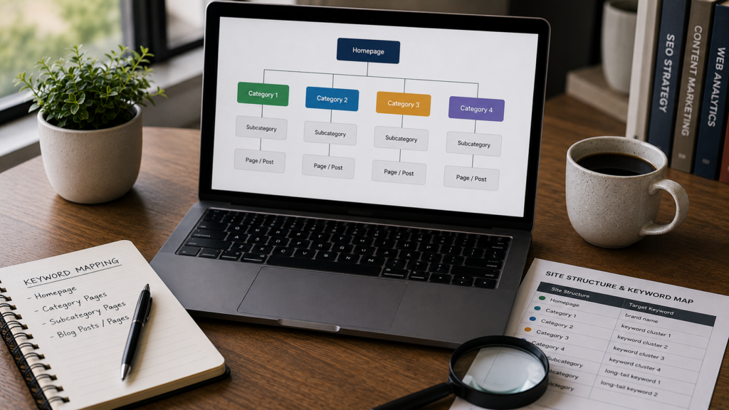 Realistic SEO planning workspace featuring a laptop displaying a website structure diagram with homepage, category pages, subcategories, and content pages mapped to keyword clusters. The desk includes a keyword mapping notebook, site architecture document, magnifying glass, coffee mug, books, and office accessories, illustrating the process of aligning keywords with a website’s structure for better SEO organization and search visibility.