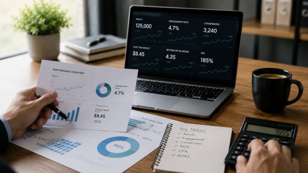 Marketing professionals analyzing agency performance and ROI through business dashboards, conversion tracking reports, lead generation metrics, customer acquisition costs, revenue growth charts, and campaign analytics displayed on modern digital screens in a realistic corporate office environment.
