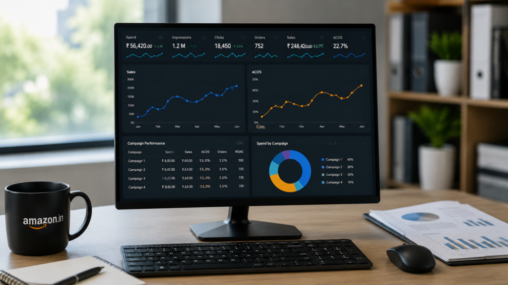 Professional Amazon Advertising India performance analytics dashboard displayed on a desktop monitor in a modern office workspace, showcasing key metrics such as impressions, clicks, sales, orders, ACoS, ad spend, ROAS, and campaign performance trends. Realistic business environment with marketing reports, performance charts, and data-driven advertising insights.