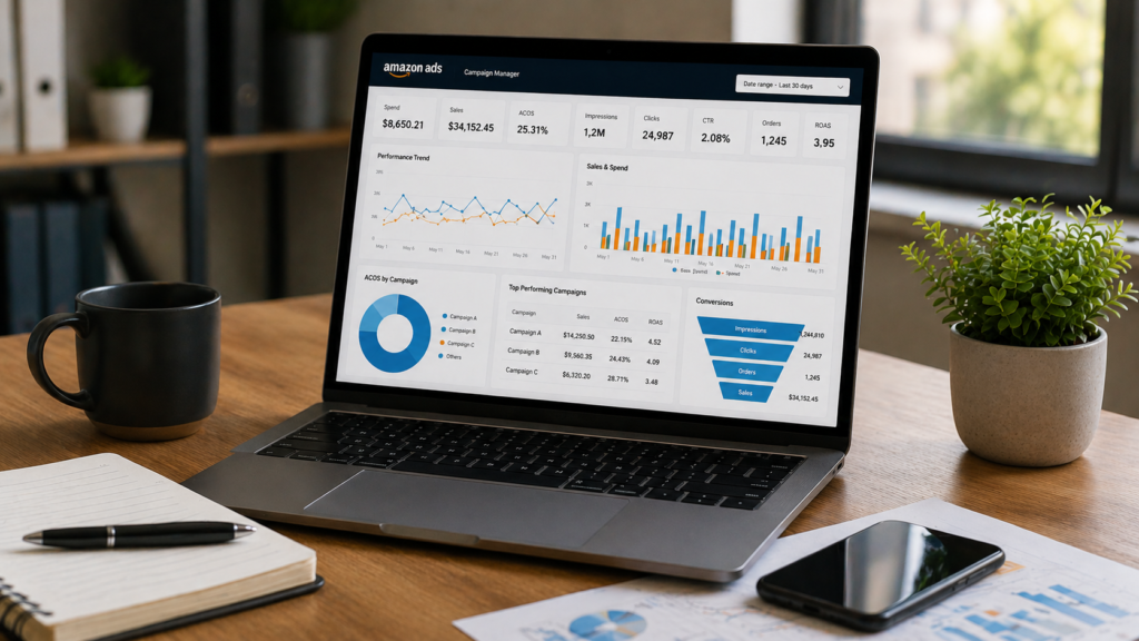 Professional Amazon advertising performance dashboard displayed on a laptop in a modern office workspace, featuring key metrics such as ad spend, sales, impressions, clicks, conversion rate, ACoS, ROAS, and campaign performance trends. Realistic business environment with analytics reports and data-driven marketing insights.