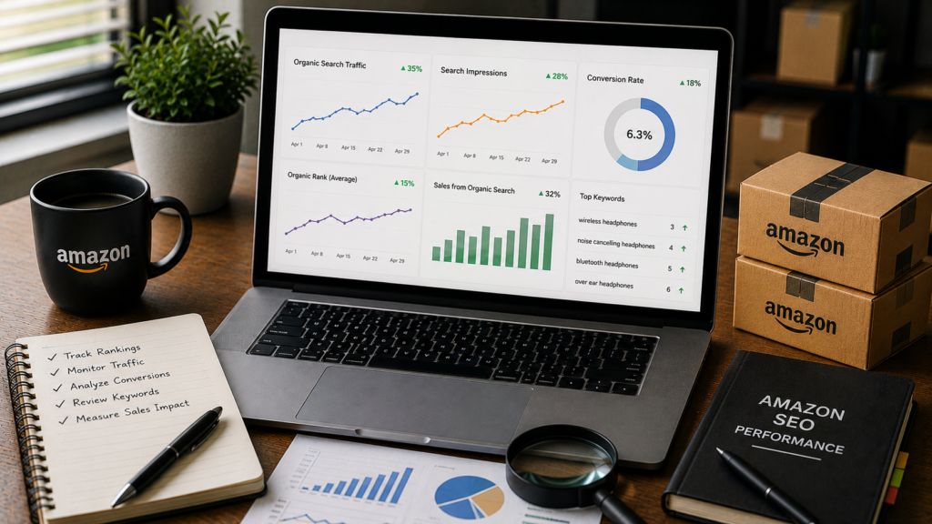 Realistic Amazon seller analytics workspace featuring a laptop displaying SEO performance dashboards with keyword ranking trends, organic traffic metrics, conversion rates, sales performance data, and product visibility analytics. The desk includes printed reports, Amazon shipping boxes, a notebook with SEO KPIs, a magnifying glass, coffee mug, and ecommerce strategy materials. The scene illustrates how sellers measure Amazon SEO optimization performance by tracking rankings, impressions, click-through rates, conversions, revenue growth, and overall marketplace visibility.