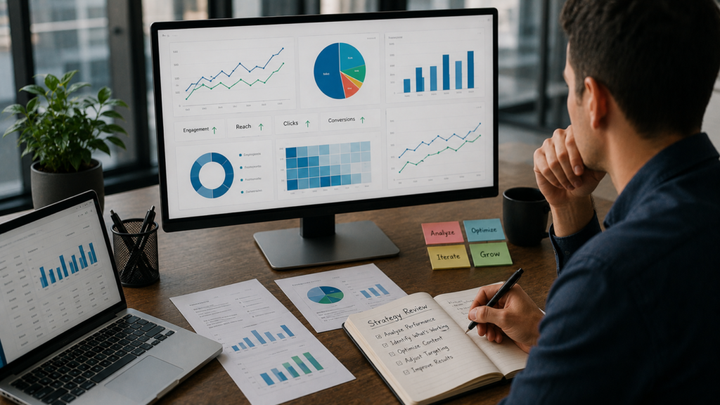 Marketing analyst reviewing campaign performance metrics on multiple analytics dashboards displaying engagement growth, conversions, audience reach, ROI trends, and optimization insights, while documenting strategic improvements and performance reviews in a realistic modern office environment focused on measuring results and continuously refining marketing strategy.