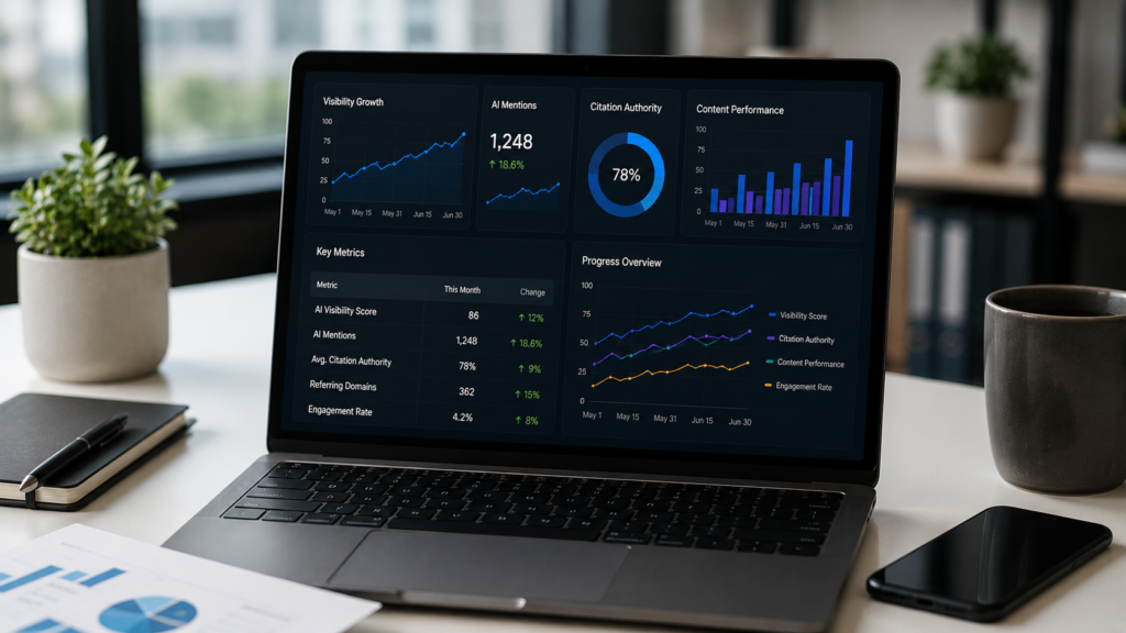 SEO analytics workspace displaying GEO performance metrics, AI search visibility trends, citation growth, content authority, engagement analytics, and optimization results used to measure the success of a Generative Engine Optimization checklist.