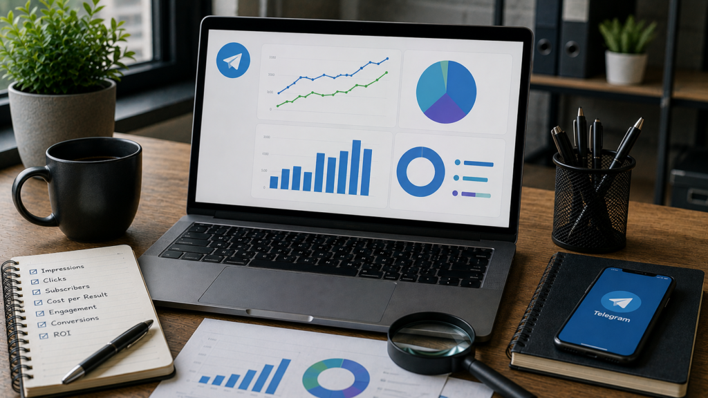 Realistic digital marketing analytics workspace featuring a laptop displaying Telegram Ads performance dashboards with campaign metrics, audience growth trends, click-through rates, engagement statistics, conversion data, and ROI reports. The desk includes a smartphone showing a Telegram interface, a performance tracking checklist, analytics reports, a magnifying glass, notebook, coffee mug, and office accessories. The scene illustrates how marketers measure Telegram Ads performance by monitoring impressions, clicks, subscriber growth, engagement, conversions, cost efficiency, and overall campaign effectiveness.