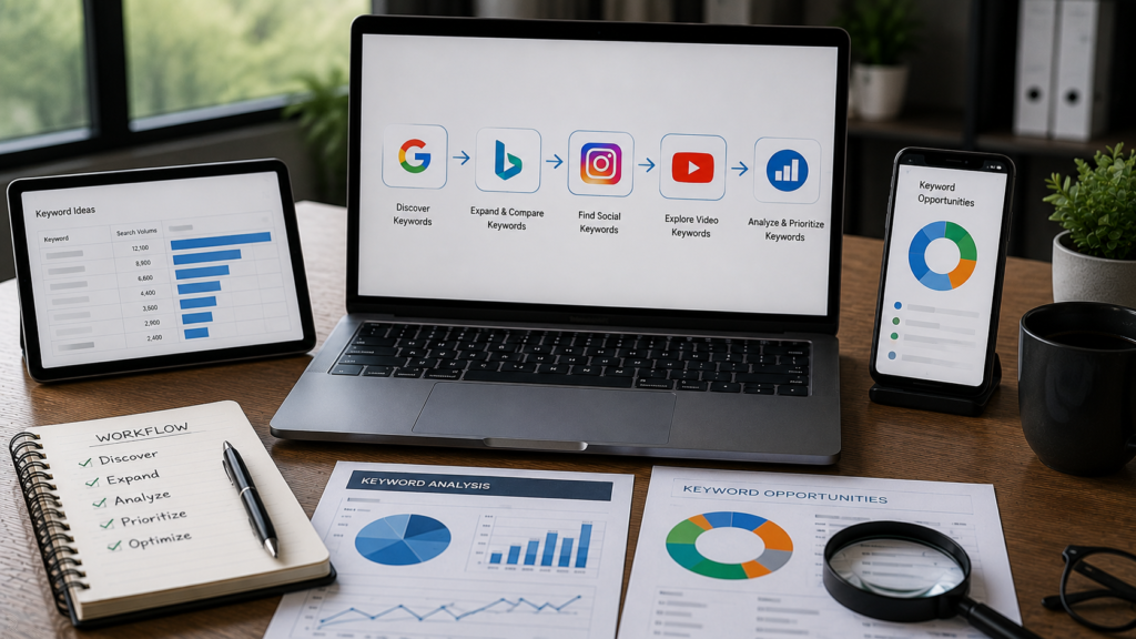 Realistic digital marketing workspace featuring a laptop, tablet, and smartphone displaying a multi-platform keyword research workflow across search engines, social media, video platforms, and analytics tools. The desk includes keyword analysis reports, charts, a notebook, magnifying glass, coffee mug, and office accessories, illustrating the process of discovering, comparing, prioritizing, and optimizing keywords across multiple digital marketing channels.