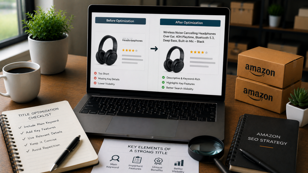 Realistic Amazon seller workspace featuring a laptop displaying a before-and-after comparison of an optimized Amazon product title. The desk includes a title optimization checklist, Amazon SEO strategy notebook, ecommerce packaging boxes, a magnifying glass, coffee mug, and keyword planning materials. The scene illustrates how strategic product title optimization improves keyword relevance, highlights key product features, increases search visibility, and helps Amazon listings attract more clicks and conversions.