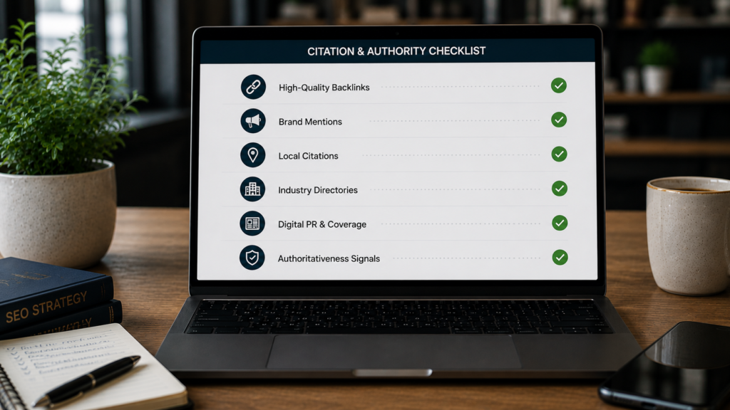 Professional workspace with a citation and authority GEO checklist highlighting backlink quality, entity citations, brand mentions, digital PR, trusted references, and authority signals for improving visibility in AI-powered search engines.