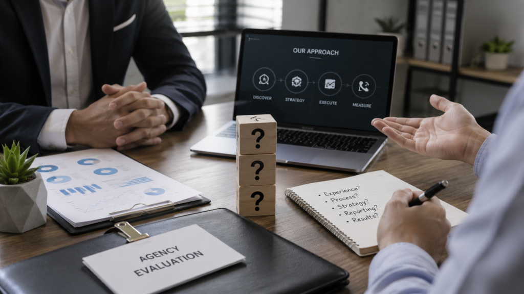 Business team evaluating a marketing agency during a professional consultation, reviewing strategy frameworks, reporting processes, performance metrics, and project workflows with documents, analytics charts, and discussion notes in a modern office setting.