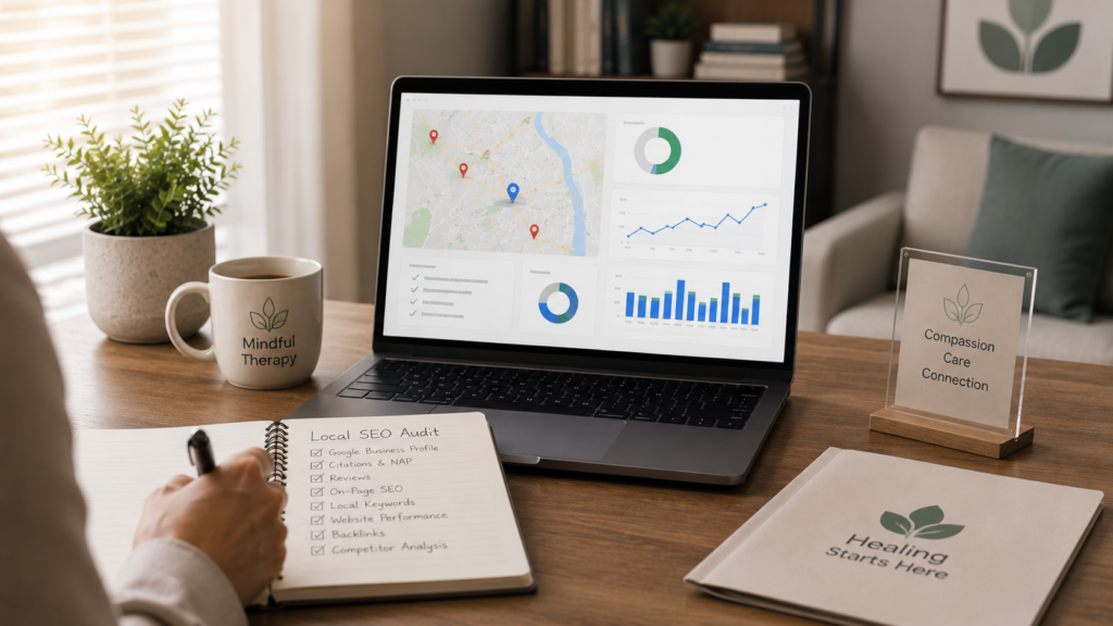 Therapy practice owner reviewing a local SEO audit on a computer dashboard showing map rankings, online visibility metrics, business profile performance, and local search analytics in a calm, modern counseling office environment designed to improve local patient acquisition.