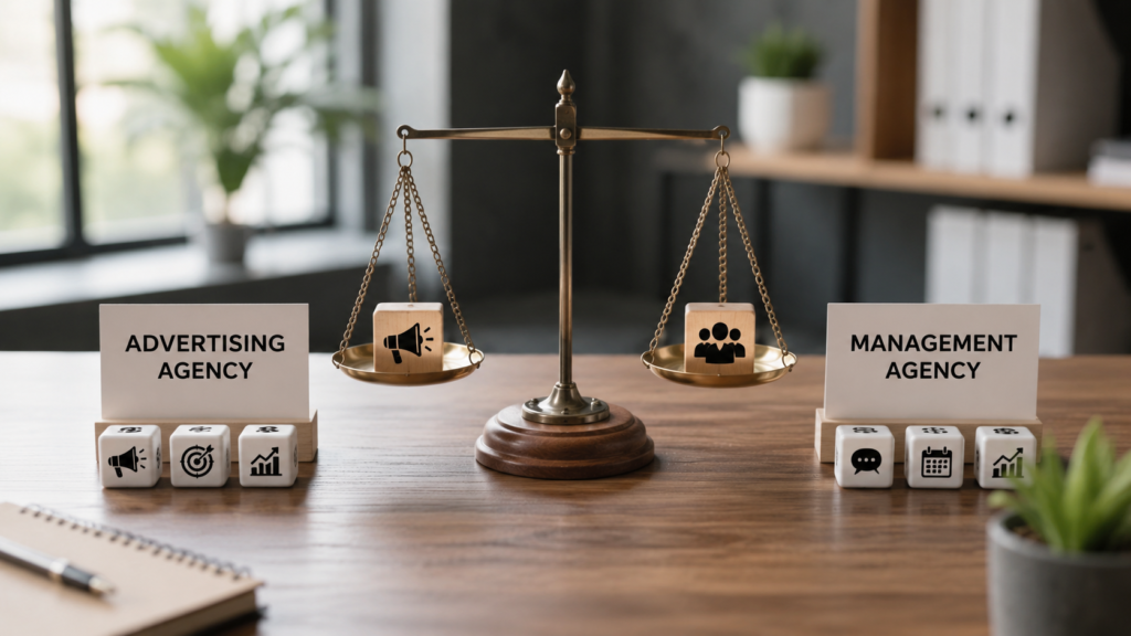 Realistic split-screen comparison showing a social media advertising agency managing paid ad campaigns, audience targeting, and performance metrics on one side, while a social media management agency handles content creation, community engagement, content calendars, and brand communication on the other side in a modern professional office environment.