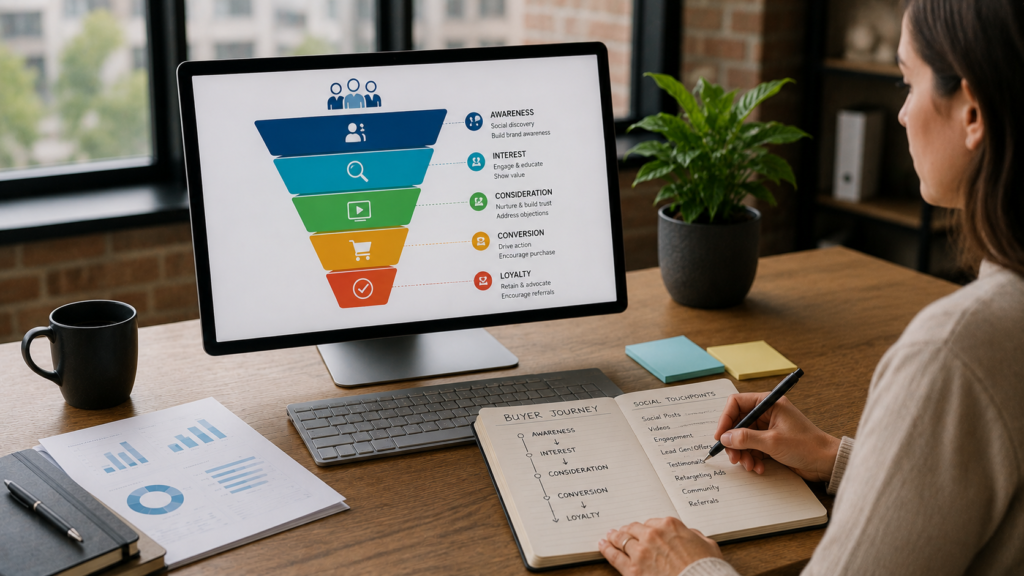 Marketing strategist mapping social media activities to the full customer journey using a visual marketing funnel displayed on a monitor, with audience awareness, engagement, consideration, conversion, and customer retention stages connected through analytics reports, planning documents, and campaign insights in a realistic modern office environment.