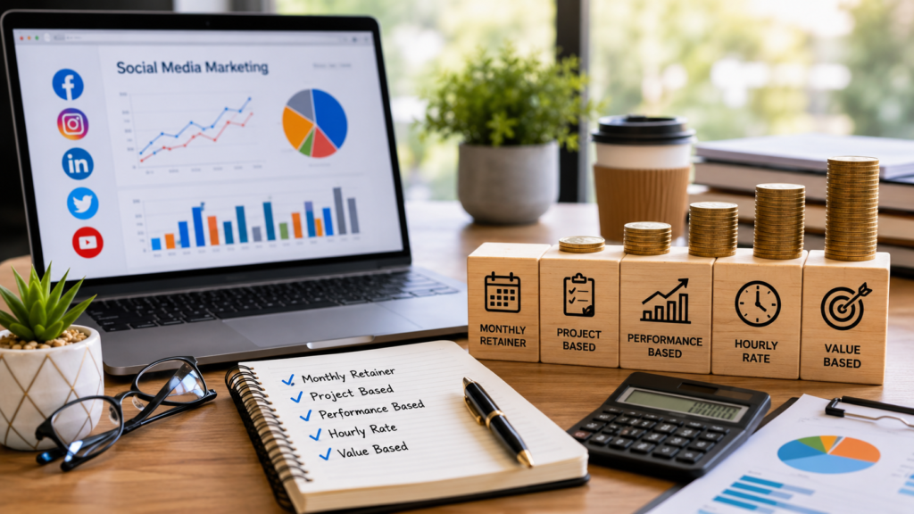Professional marketing agency pricing concept featuring business consultants reviewing service packages, budget planning documents, pricing tiers, monthly retainers, project-based fees, and performance-based pricing structures with financial charts in a modern corporate office environment.