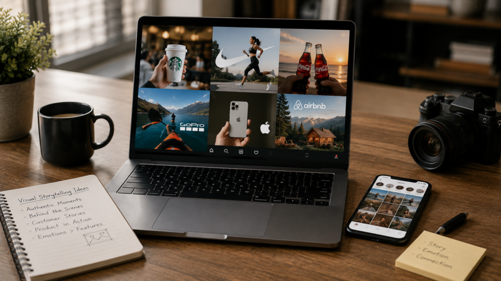 Creative social media marketing campaign showcasing visual storytelling through high-quality lifestyle photography, engaging brand narratives, user-focused content, and immersive digital experiences displayed across multiple social media platforms in a realistic marketing environment.