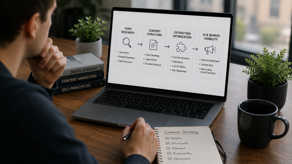 Content strategist planning a Generative Engine Optimization (GEO) content strategy with structured headings, concise sections, entity-rich information, and extraction-friendly formatting to improve AI search visibility and content discoverability.