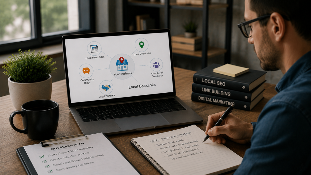 Local SEO specialist building local backlinks through partnerships, community organizations, local business websites, and regional directories, with a laptop displaying backlink growth metrics, referral sources, and local authority signals in a realistic professional office environment focused on improving local search rankings.
