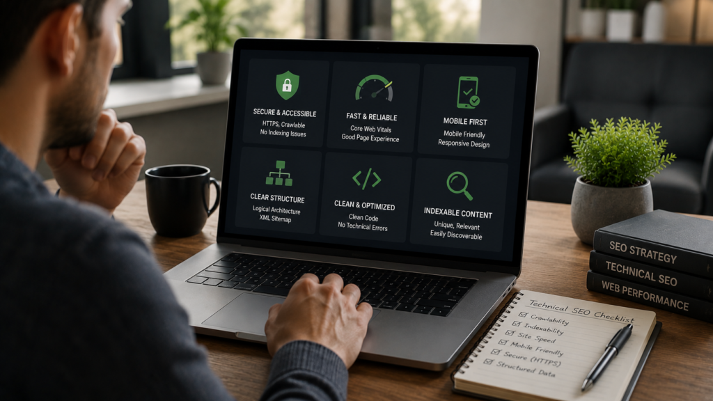 SEO specialist reviewing technical SEO foundations including site speed, crawlability, mobile optimization, structured data, secure HTTPS, and indexability, demonstrating why strong traditional SEO remains essential for AI search visibility and Generative Engine Optimization (GEO).