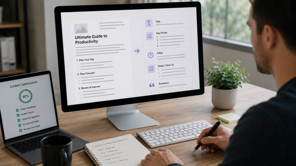 Content strategist organizing web content with clear headings, concise sections, structured data, FAQs, and summary blocks to improve AI content extraction, search visibility, and Generative Engine Optimization (GEO) in a modern professional workspace.