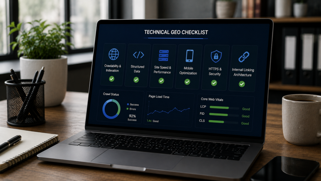 Realistic office workspace featuring a technical GEO optimization dashboard with crawlability, indexing, structured data, Core Web Vitals, mobile optimization, HTTPS security, and internal linking checklist for AI search readiness.