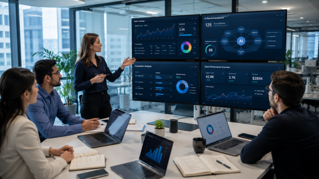 Digital marketing agency team collaborating around AI-powered SEO software dashboards displaying keyword rankings, competitor analysis, content optimization scores, backlink monitoring, client performance reports, and automated SEO recommendations in a modern corporate meeting room with natural daylight.