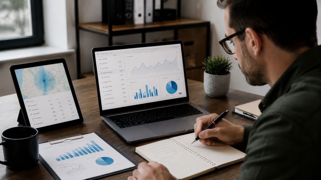 SEO specialist monitoring local keyword performance through analytics dashboards displaying ranking trends, search visibility metrics, geographic performance data, and keyword optimization insights, while reviewing reports and notes in a modern professional workspace focused on improving local search results.