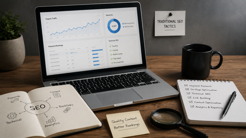 Realistic 16:9 digital marketing workspace featuring an SEO professional’s desk with analytics dashboards, keyword research notes, backlink planning diagrams, technical SEO checklists, and ranking performance reports. The scene highlights traditional SEO tactics such as keyword optimization, link building, technical audits, content optimization, and search ranking analysis in a professional office environment with natural lighting and modern business aesthetics.