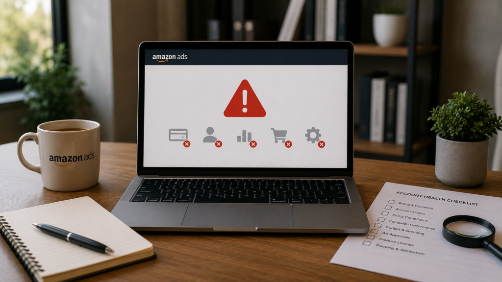 Professional Amazon Ads account troubleshooting dashboard displayed on a desktop monitor in a modern office workspace, highlighting campaign alerts, performance diagnostics, account notifications, budget issues, keyword optimization recommendations, and advertising error resolution tools. Realistic business environment with analytics reports, support documentation, and problem-solving workflows for Amazon advertising management.