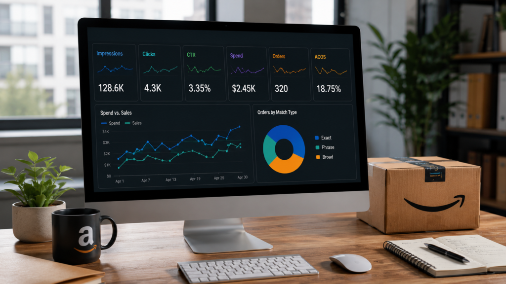 Professional Amazon PPC analytics dashboard displaying key advertising performance metrics including impressions, clicks, click-through rate (CTR), cost per click (CPC), advertising cost of sales (ACoS), return on ad spend (ROAS), and conversion data. Realistic business workspace with marketing analytics tools and performance tracking visuals.