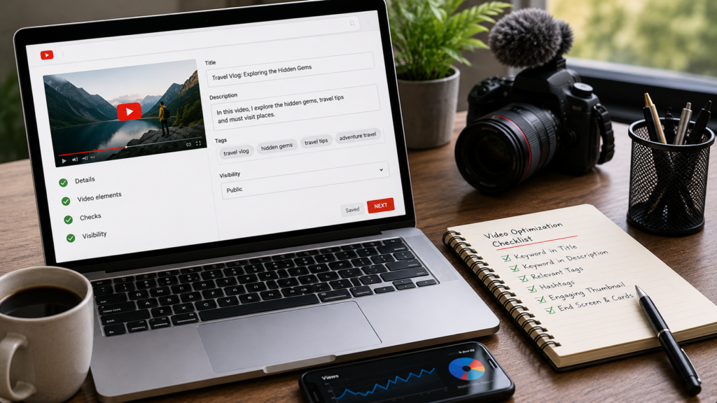 Realistic content creator workspace featuring a laptop with a video optimization dashboard, keyword-focused title and description fields, video tags, performance analytics, and a content checklist. The desk includes a camera, notebook, coffee mug, and productivity tools, illustrating how YouTube keywords are strategically used to optimize videos for better search visibility, rankings, and audience engagement.