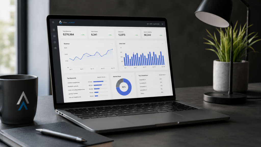Professional workspace featuring a laptop displaying Viral Launch advanced Amazon analytics dashboard with sales trends, keyword insights, market share metrics, and performance data. Modern office desk setup with realistic lighting, coffee mug, notebook, and desk lamp.