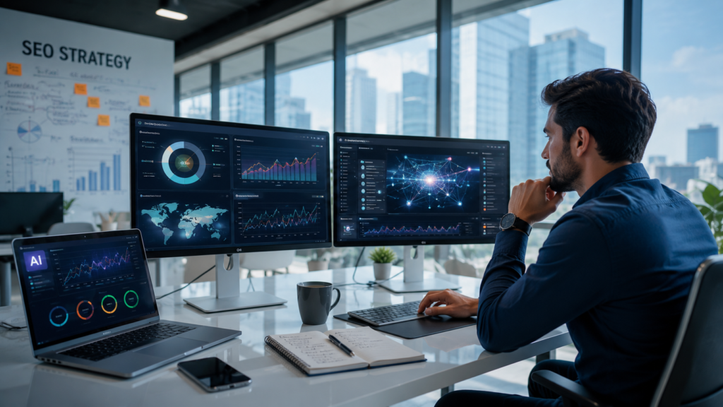 Professional digital marketing specialist using AI-powered SEO tools on multiple monitors displaying keyword research, search ranking analysis, content optimization recommendations, competitor insights, and predictive analytics dashboards in a modern corporate office with natural lighting and a clean workspace.