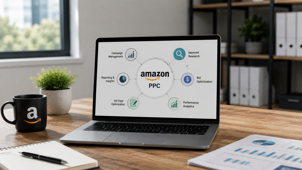 Professional Amazon PPC management services dashboard displayed on a laptop in a modern office workspace, illustrating campaign management, keyword research, bid optimization, ad performance analytics, reporting, and advertising strategy. Realistic business environment with marketing reports, workspace accessories, and data-driven advertising insights.