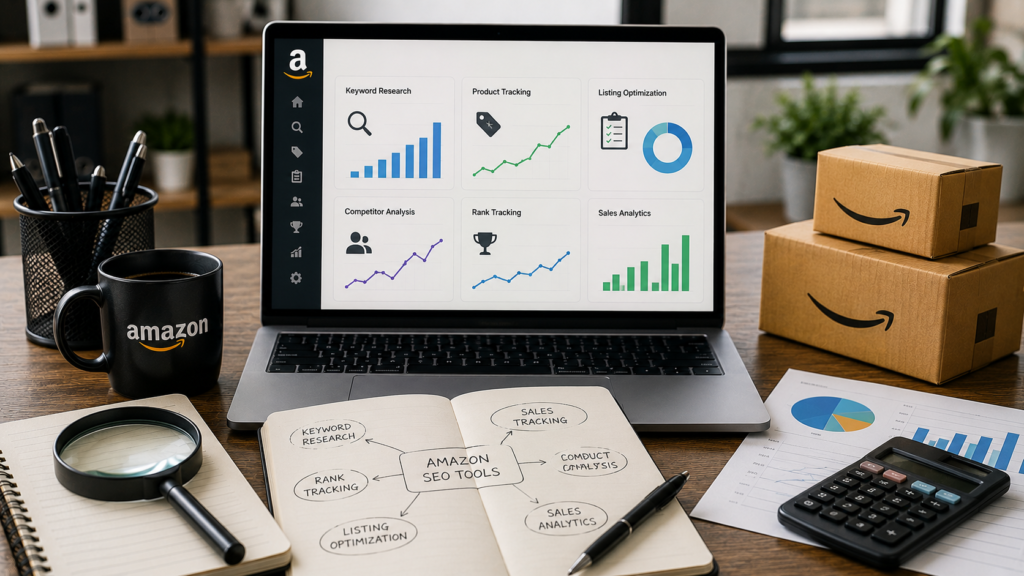 Realistic ecommerce analytics workspace featuring a laptop displaying Amazon SEO tool dashboards for keyword research, product tracking, listing optimization, competitor analysis, rank tracking, and sales analytics. The desk includes Amazon shipping boxes, a notebook with SEO workflow diagrams, a magnifying glass, calculator, performance reports, coffee mug, and office accessories. The scene illustrates how Amazon SEO tools help sellers improve product visibility, monitor rankings, analyze competitors, optimize listings, and make data-driven decisions to increase sales and marketplace performance.