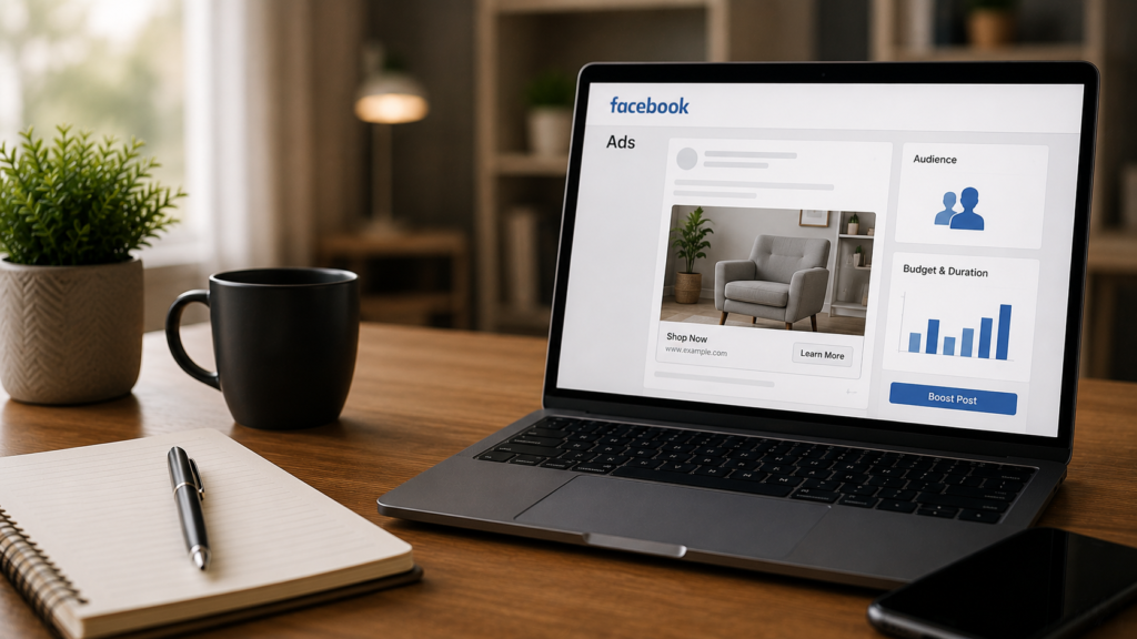 Modern digital marketing workspace featuring a laptop displaying a Facebook advertising dashboard with audience targeting, campaign management, ad performance metrics, and budget controls, illustrating how businesses use Facebook Ads to reach specific audiences, increase brand awareness, and generate leads in a realistic professional office environment.