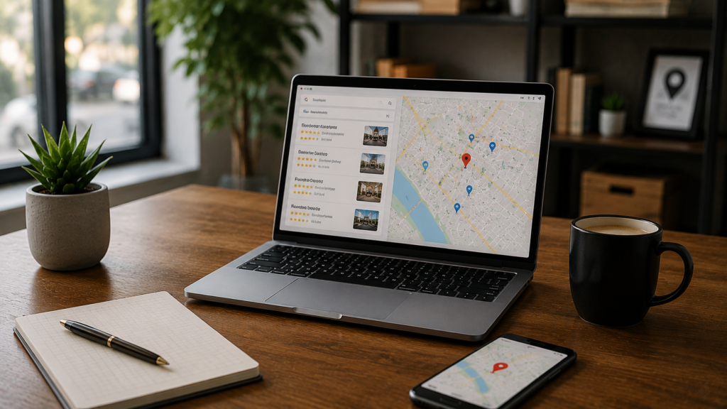 Professional local SEO strategy workspace featuring a laptop displaying local search results, business listings, map rankings, and location-based search visibility data, alongside a smartphone, notebook, and office accessories, illustrating how local SEO strategies help businesses improve online visibility, attract nearby customers, and drive local growth.