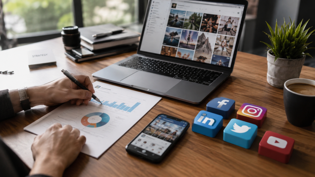 Professional social media marketing agency workspace showing content planning, campaign analytics, social media management, performance reports, smartphone engagement tracking, and major social media platform icons on a modern office desk.