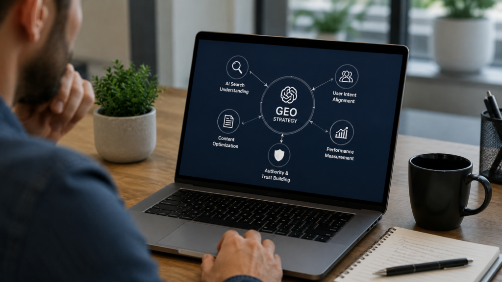 Digital marketing professional developing a Generative Engine Optimization (GEO) strategy that connects AI search visibility, content optimization, user intent, authority building, trust signals, and performance measurement in a modern professional workspace.