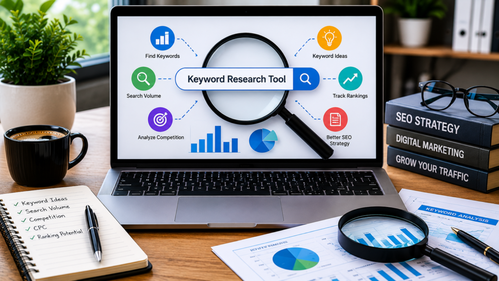Realistic SEO workspace featuring a laptop displaying a keyword research tool dashboard with keyword discovery, search volume analysis, competition metrics, ranking opportunities, and SEO insights. The desk includes a magnifying glass, analytics reports, notebook, coffee mug, books, and office accessories, illustrating how keyword research tools help marketers find valuable keywords, analyze search demand, and improve search engine optimization strategies.