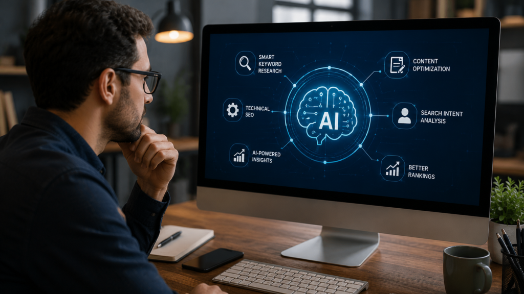 Digital marketing professional exploring AI SEO on a modern analytics dashboard featuring AI-powered keyword research, content optimization, search intent analysis, technical SEO, and intelligent insights to improve organic search visibility and website rankings.