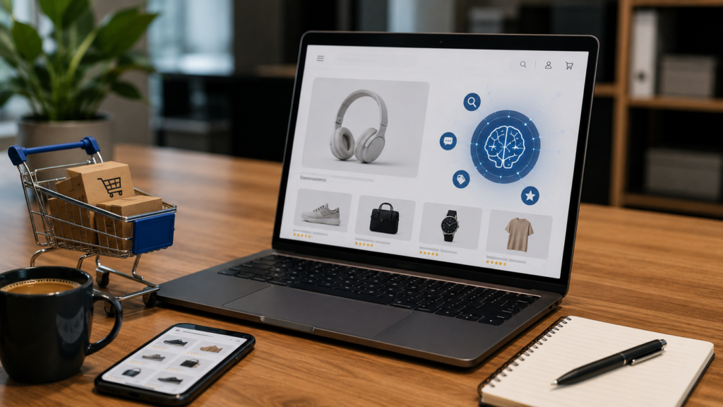 Modern ecommerce workspace featuring an online store interface enhanced with AI-driven SEO technology, showcasing product listings, search optimization, intelligent content recommendations, and improved product discoverability to increase organic traffic and online sales.