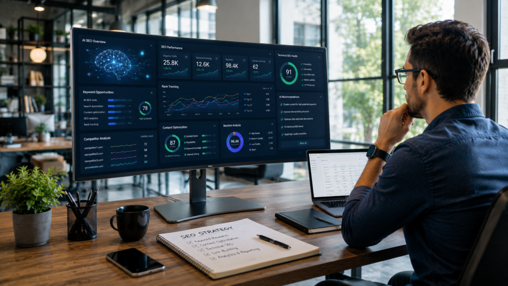 SEO professional reviewing an AI-powered SEO software platform on an ultrawide monitor displaying keyword opportunities, content optimization metrics, rank tracking, backlink analysis, technical SEO health scores, competitor insights, and automated recommendations in a modern office workspace with natural lighting and premium business aesthetics.