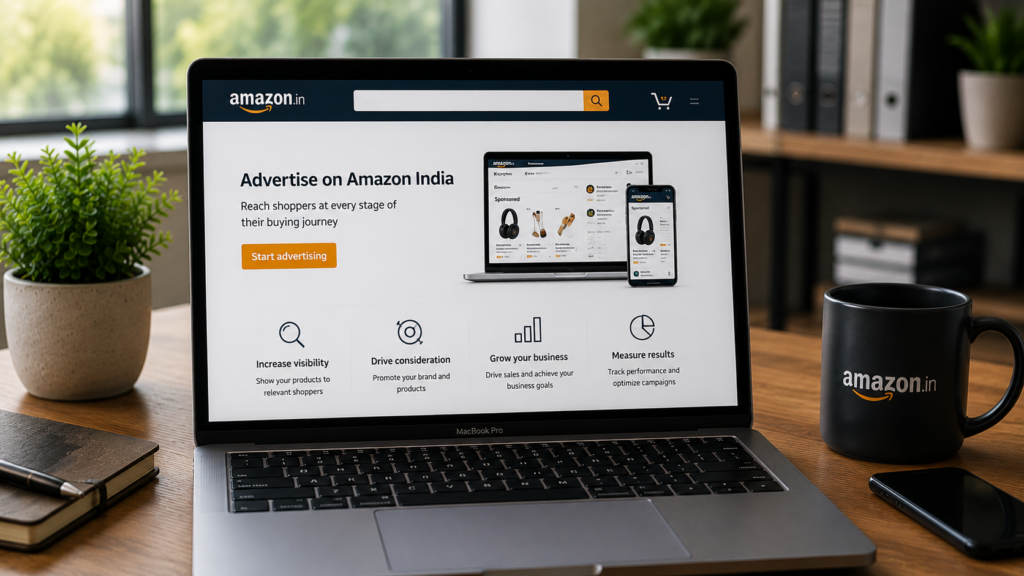 Professional Amazon Advertising India dashboard displayed in a modern business workspace, featuring sponsored product campaigns, keyword targeting, advertising performance metrics, sales growth analytics, and marketplace marketing insights tailored for the Indian e-commerce market. Realistic office environment with business reports, digital advertising tools, and performance tracking dashboards.