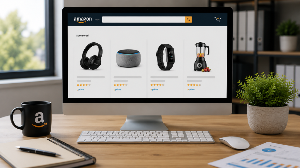 Professional desktop workspace featuring an Amazon advertising interface with sponsored product listings displayed on a large monitor. The realistic scene highlights paid product placements, search visibility, digital advertising opportunities, and e-commerce marketing strategies within a modern office environment.
