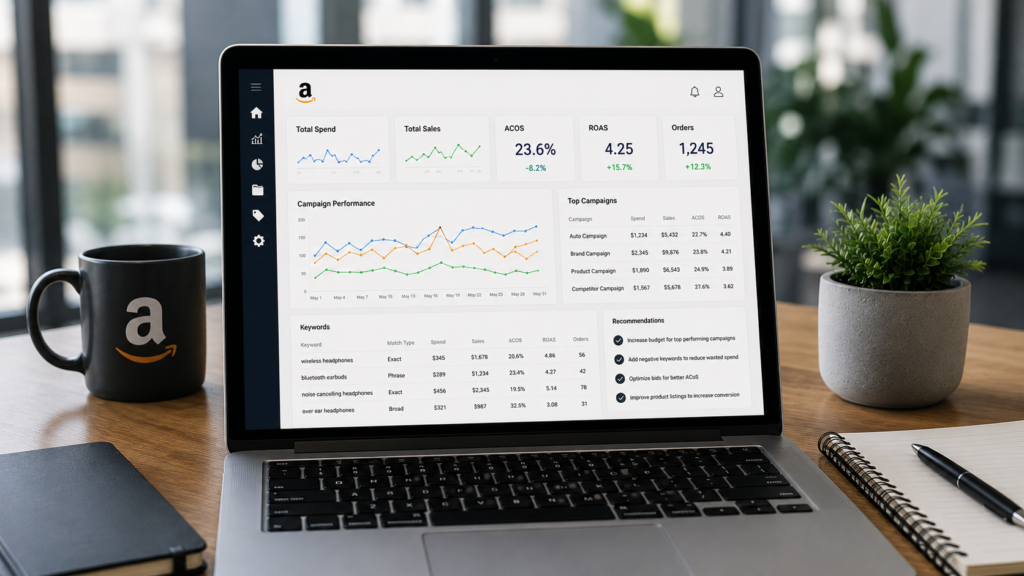 Professional Amazon PPC management software dashboard displayed on a laptop in a modern office workspace, featuring campaign automation tools, bid optimization, keyword management, performance analytics, ACoS tracking, ROAS monitoring, and advertising recommendations. Realistic business environment focused on data-driven Amazon advertising management.