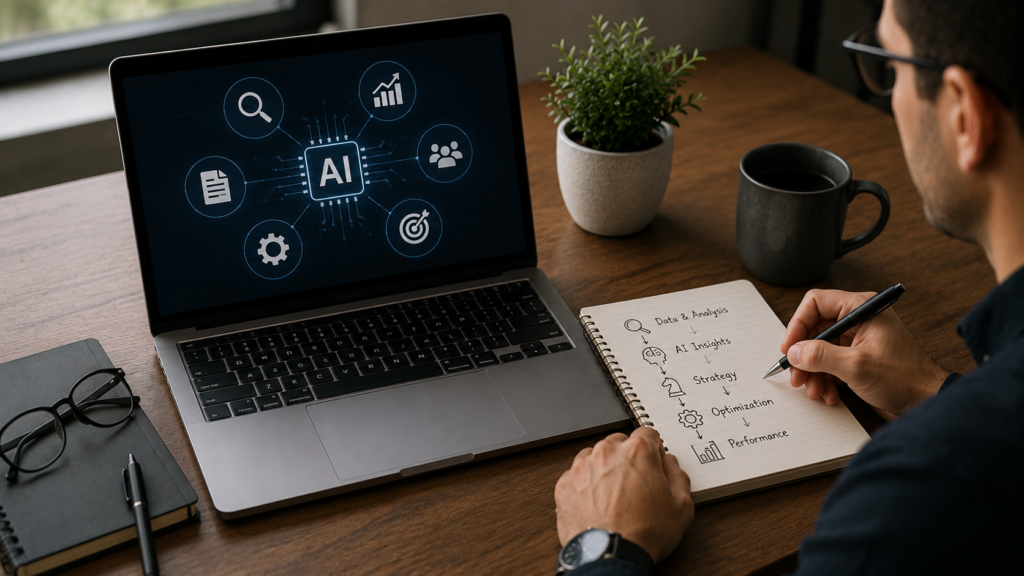 Digital marketer developing an AI SEO strategy using data analysis, keyword research, content optimization, automation tools, and performance tracking to improve search engine visibility and organic growth.