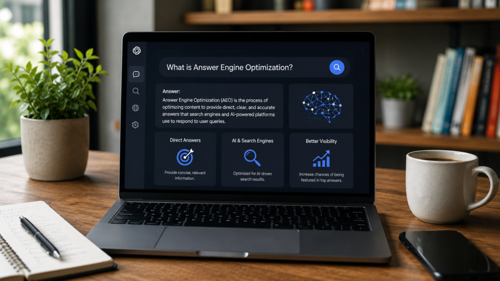 Realistic modern workspace displaying an Answer Engine Optimization dashboard with AI-powered search, direct answer generation, semantic content optimization, and structured information designed to improve visibility in AI search results.